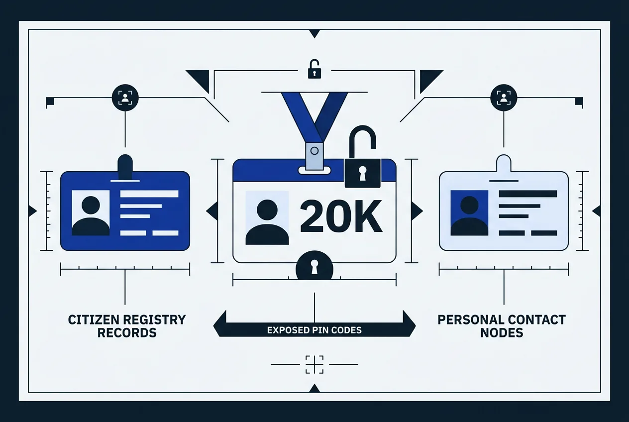 Infographic showing compromised student and staff ID card credentials and personal data.