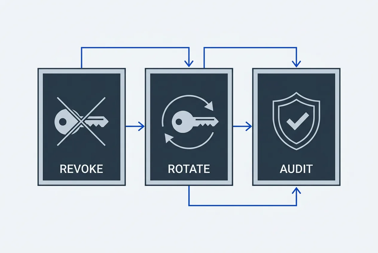 Three-step technical security flowchart outlining API key revocation, rotation, and audit steps.