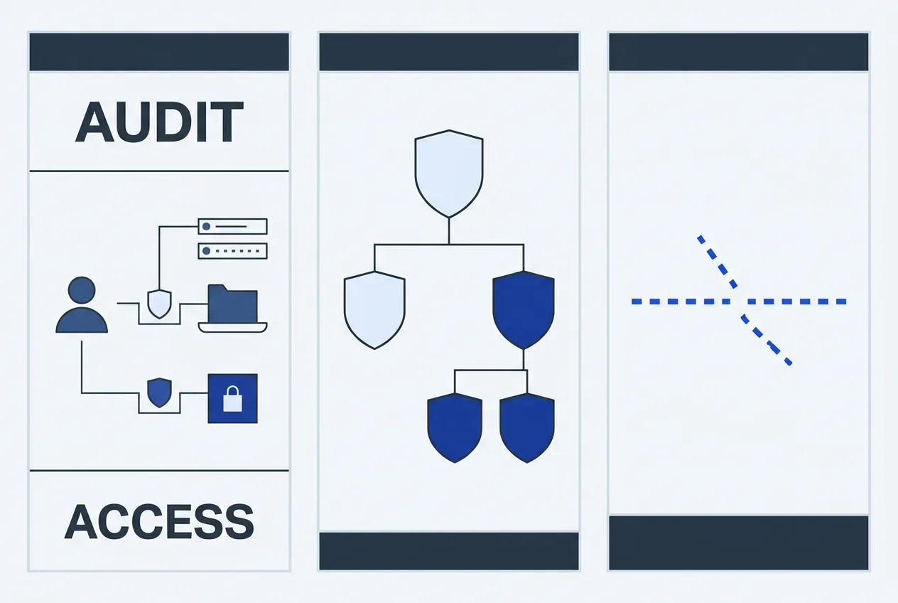 Cybersecurity audit diagram highlighting external access and permission vulnerabilities.