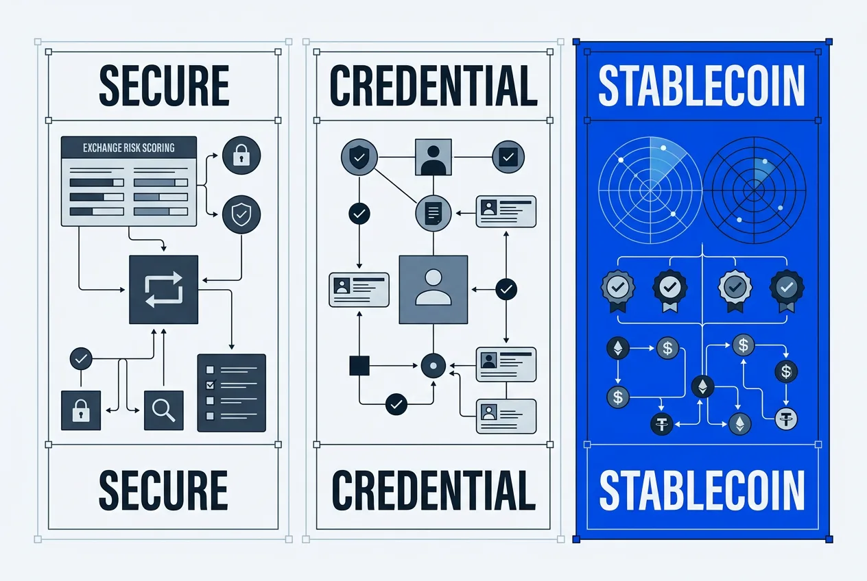 Comparison infographic showing Mastercard Crypto Secure, Crypto Credential, and Stablecoin Security tools.