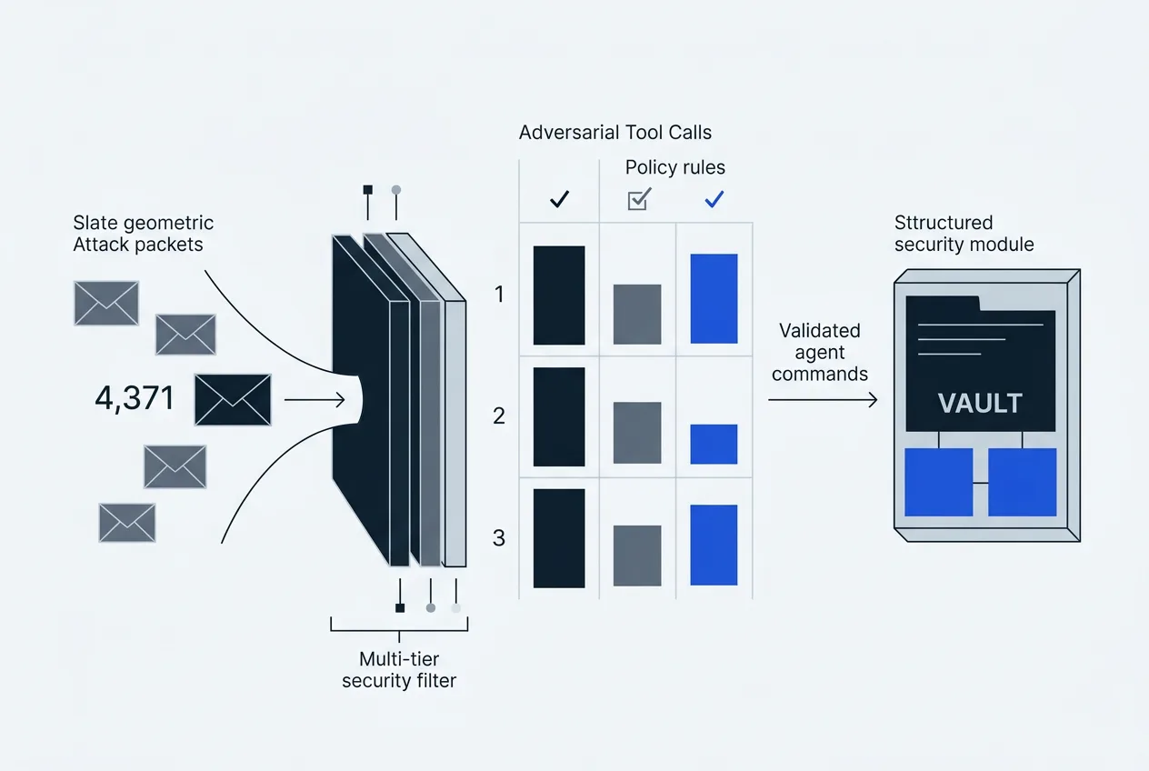 Security blueprint diagram showing the APort Vault benchmark filtering 4,371 simulated agent attacks.