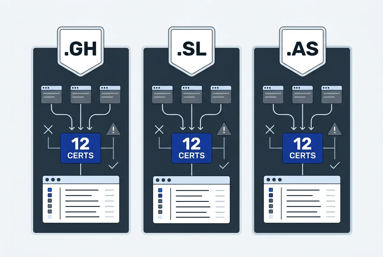 Comparative diagram illustrating DNS hijack incidents and unauthorized certificates across three ccTLD registries.