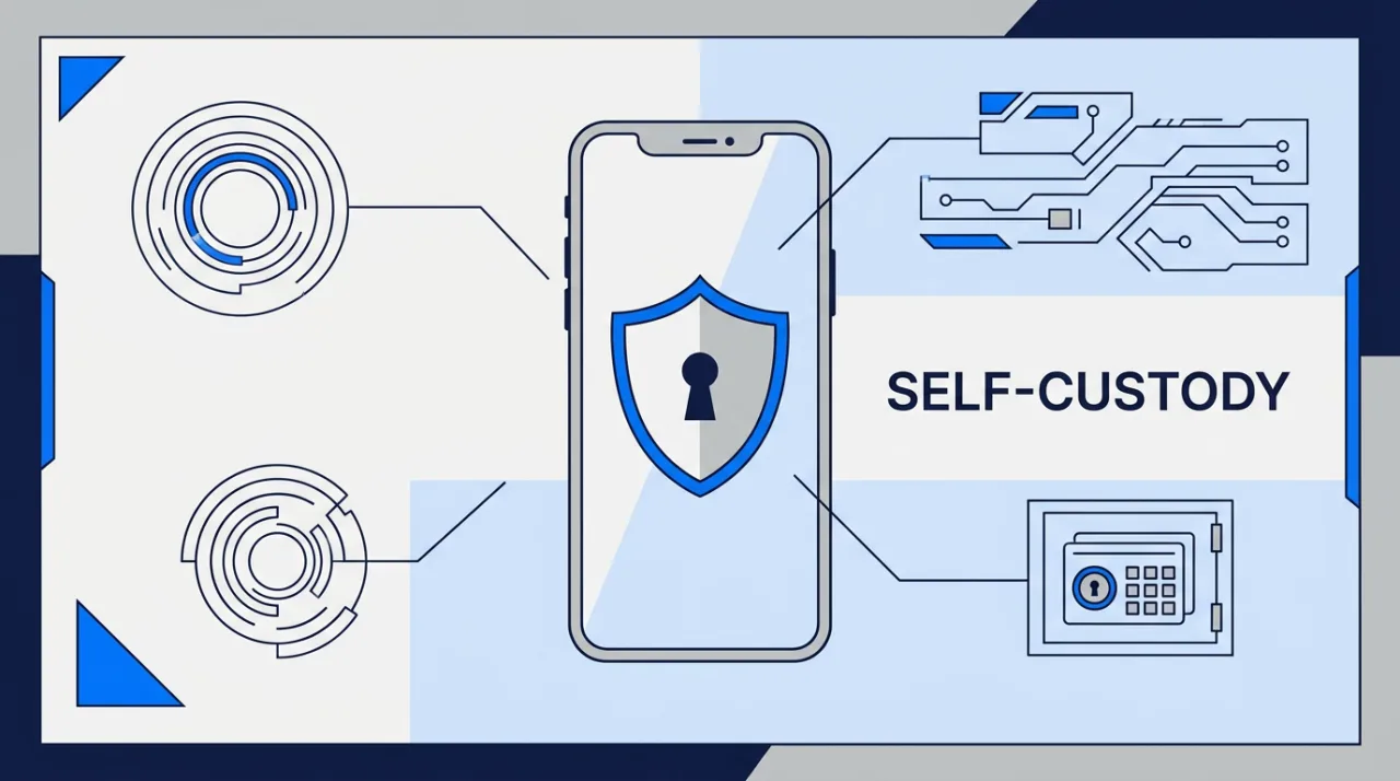 Vector editorial illustration of a secure mobile crypto wallet shield representing Coinbase self-custody storage.
