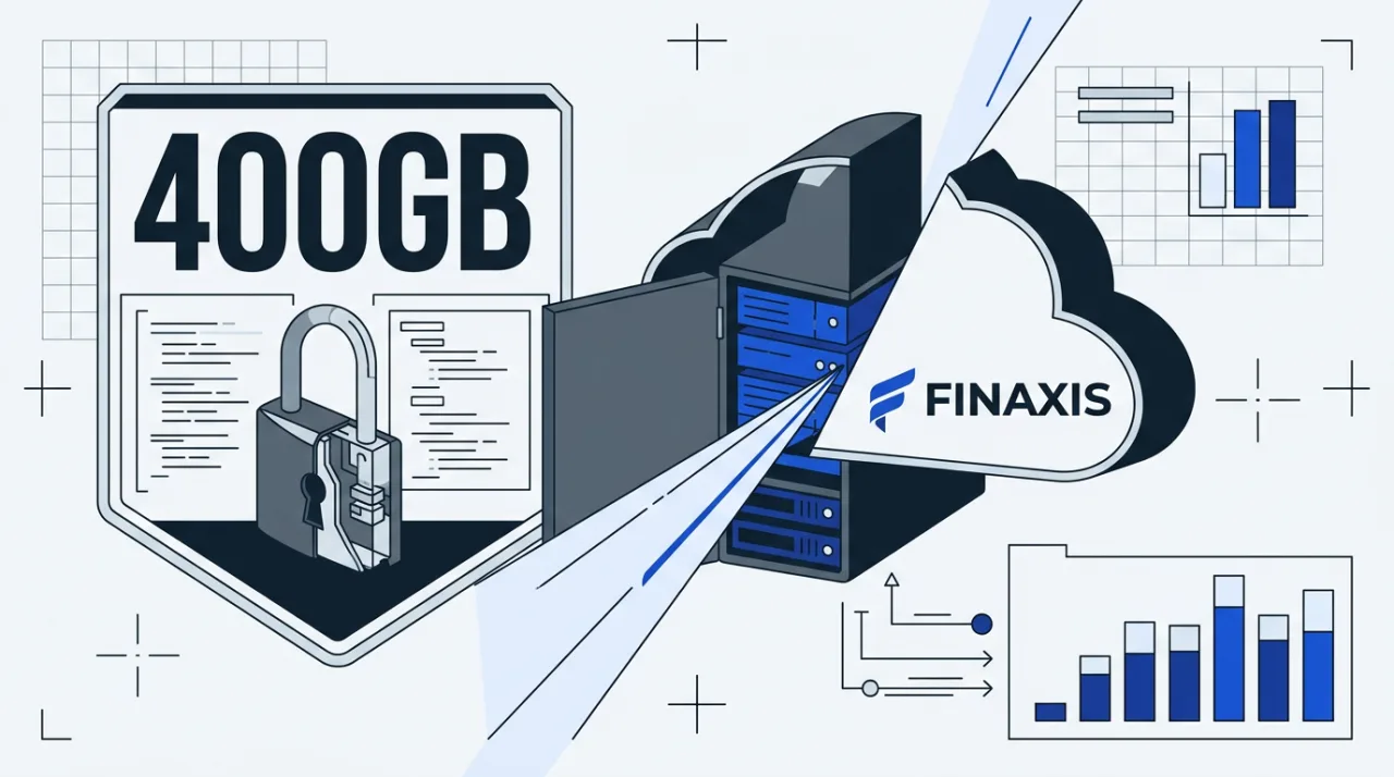 Cybersecurity blueprint graphic depicting the Finaxis.cloud 400GB payment data breach investigation.