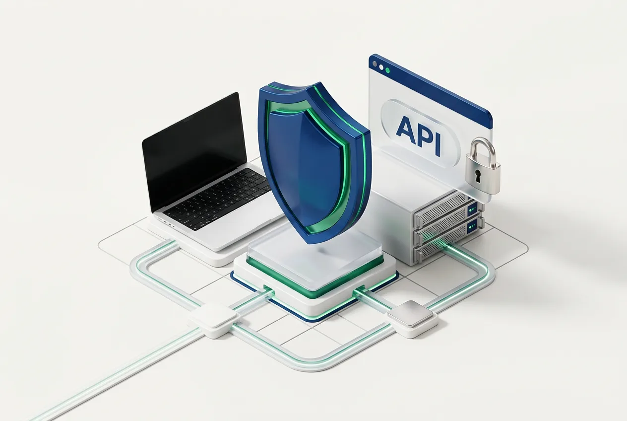 3D isometric illustration of a digital shield and padlock guarding a SaaS API server gateway.