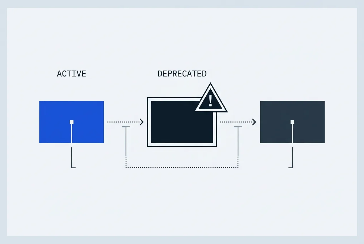 Technical security diagram illustrating active versus deprecated exchange address lifecycle risks.