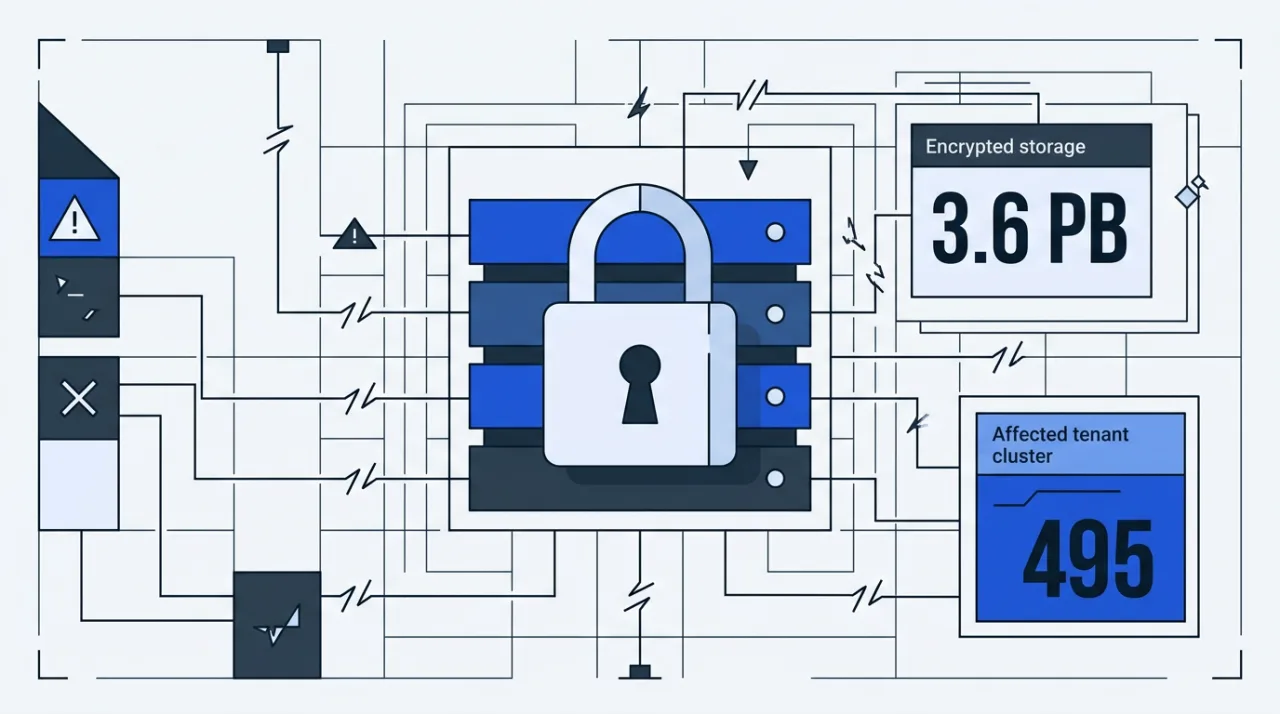 Vector blueprint illustration of cloud server datastores locked by ransomware with 3.6 PB data metric.