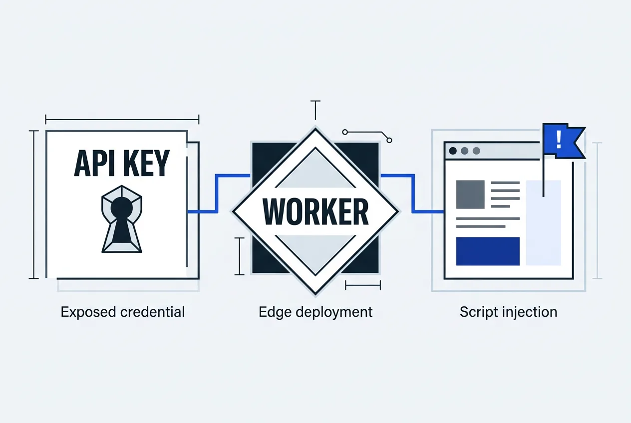 Technical vector diagram showing supply-chain API credential leak and worker injection flow.