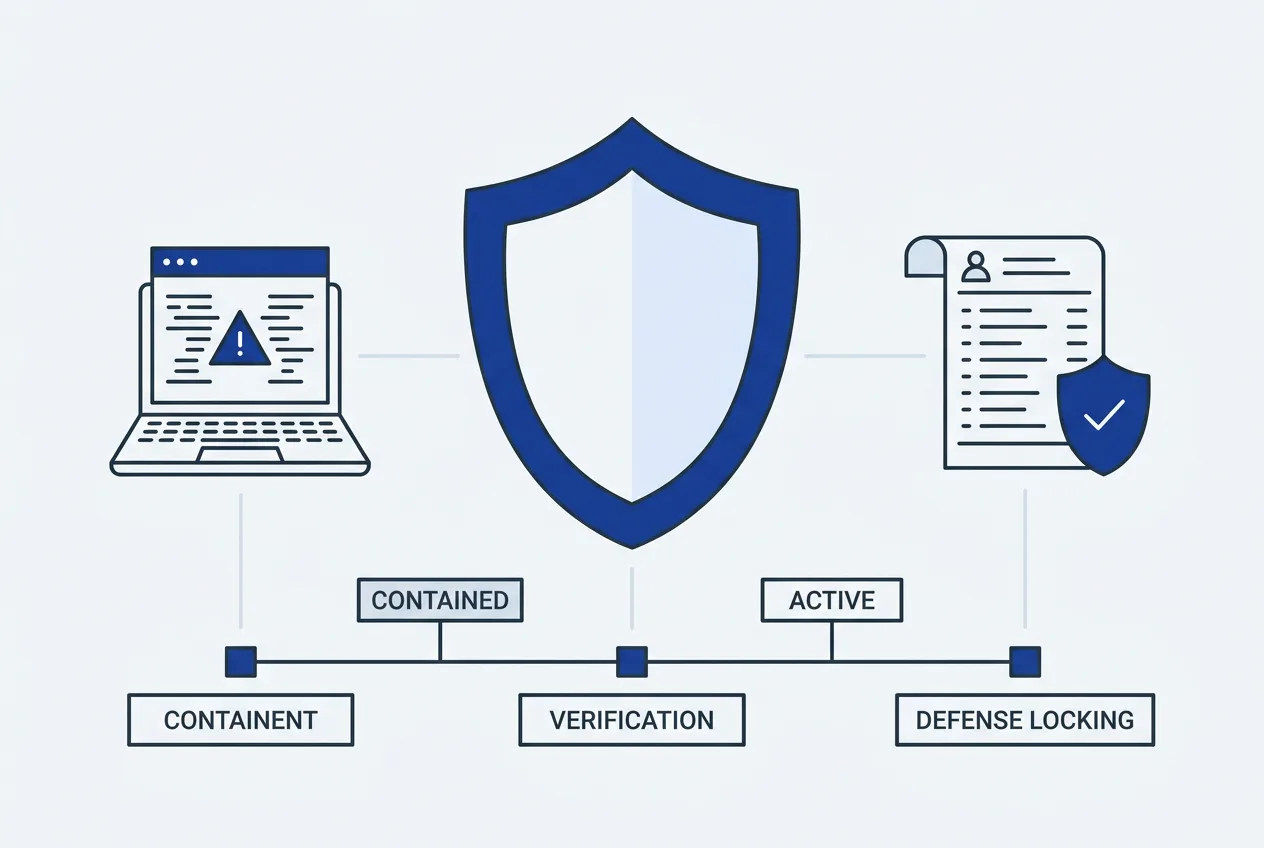 Technical 2D infographic showing incident response protocols and shield defenses securing bank customer accounts.