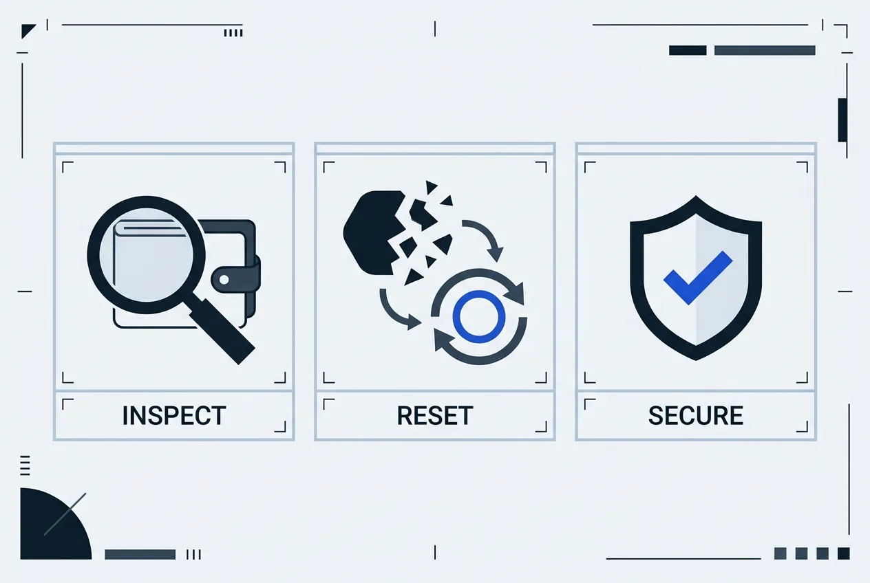 Flat 2D infographic diagram illustrating three mitigation steps for compromised Ledger hardware wallets.