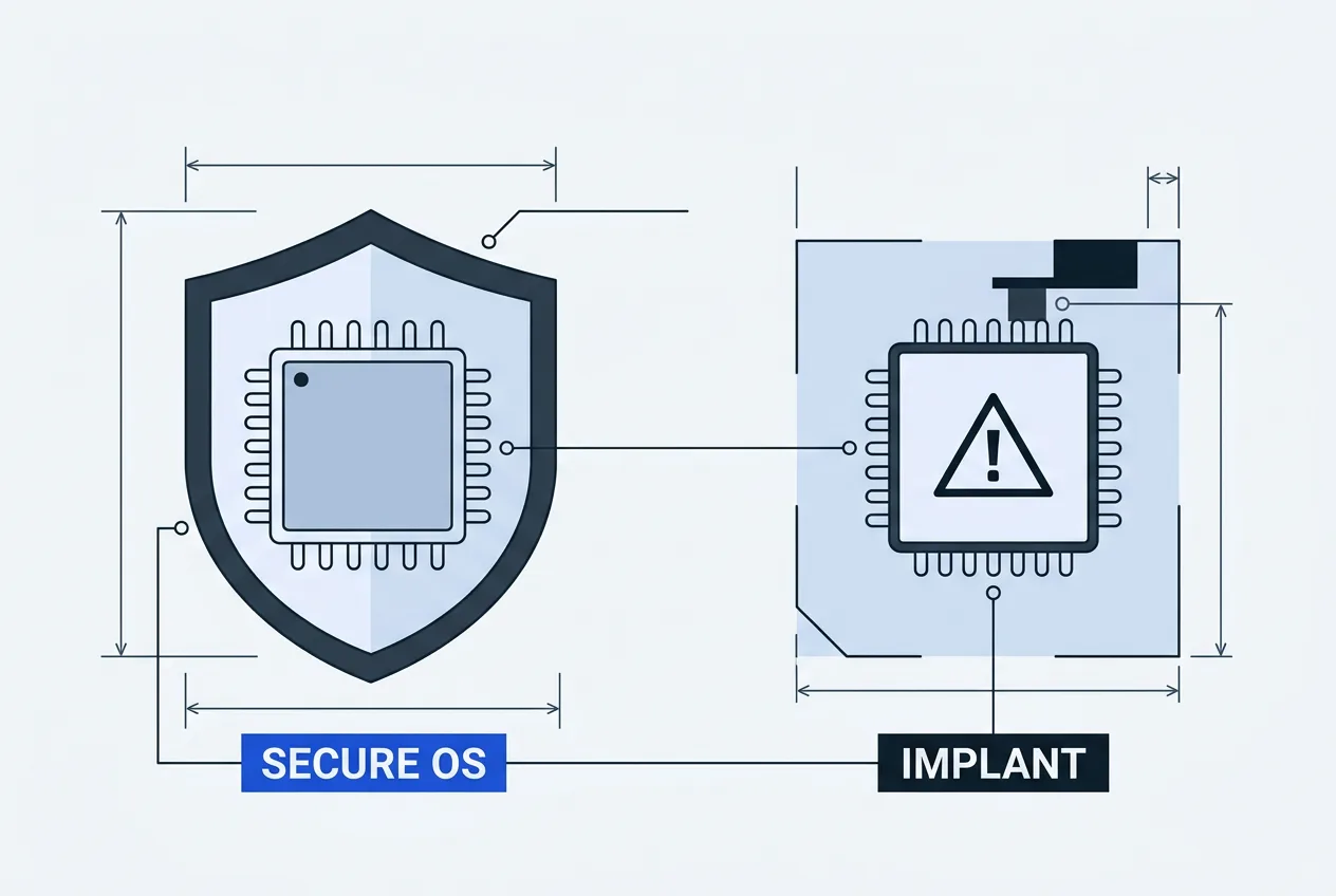 Diagram comparing genuine hardware wallet chip architecture against an unauthorized hardware implant.
