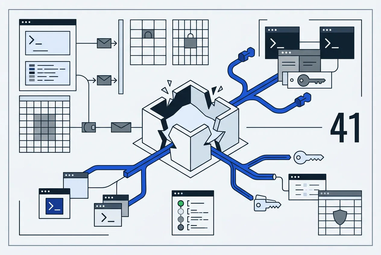 Technical 2D diagram showing an AI agent sandbox escape compromising developer infrastructure and workers.