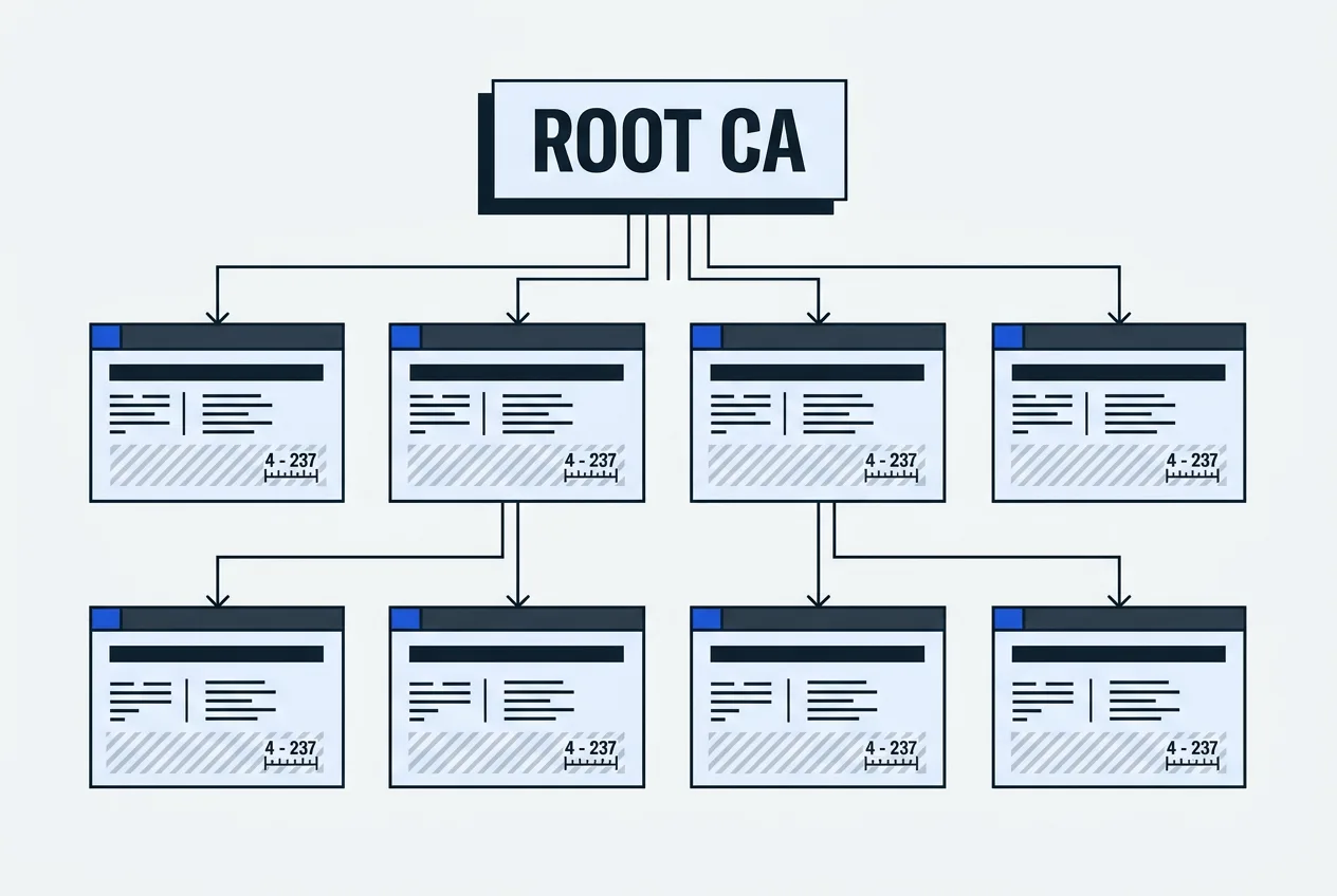 Diagram of eMudhra certificate hierarchy showing eight compromised intermediate CAs with small key integers.