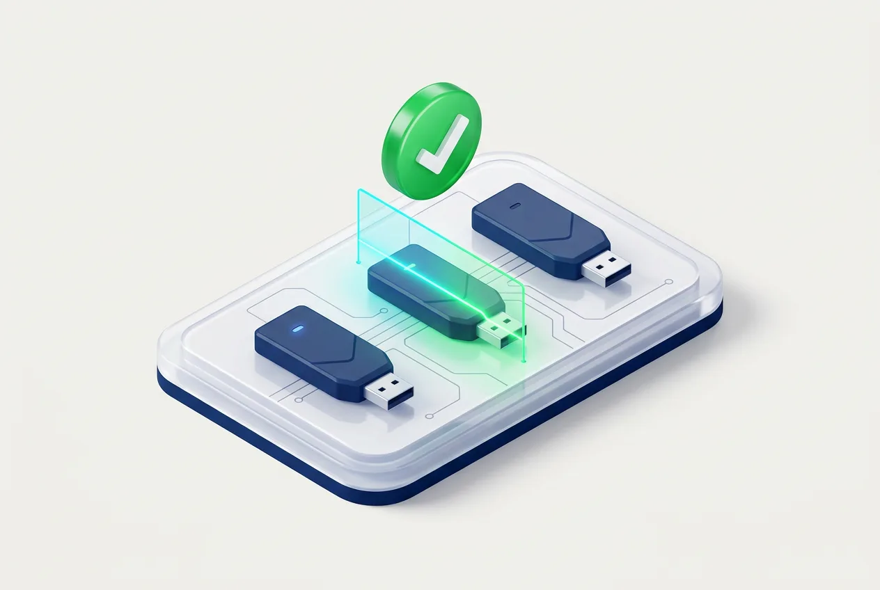 Isometric 3D illustration of hardware crypto wallets undergoing automated security scanning and verification.
