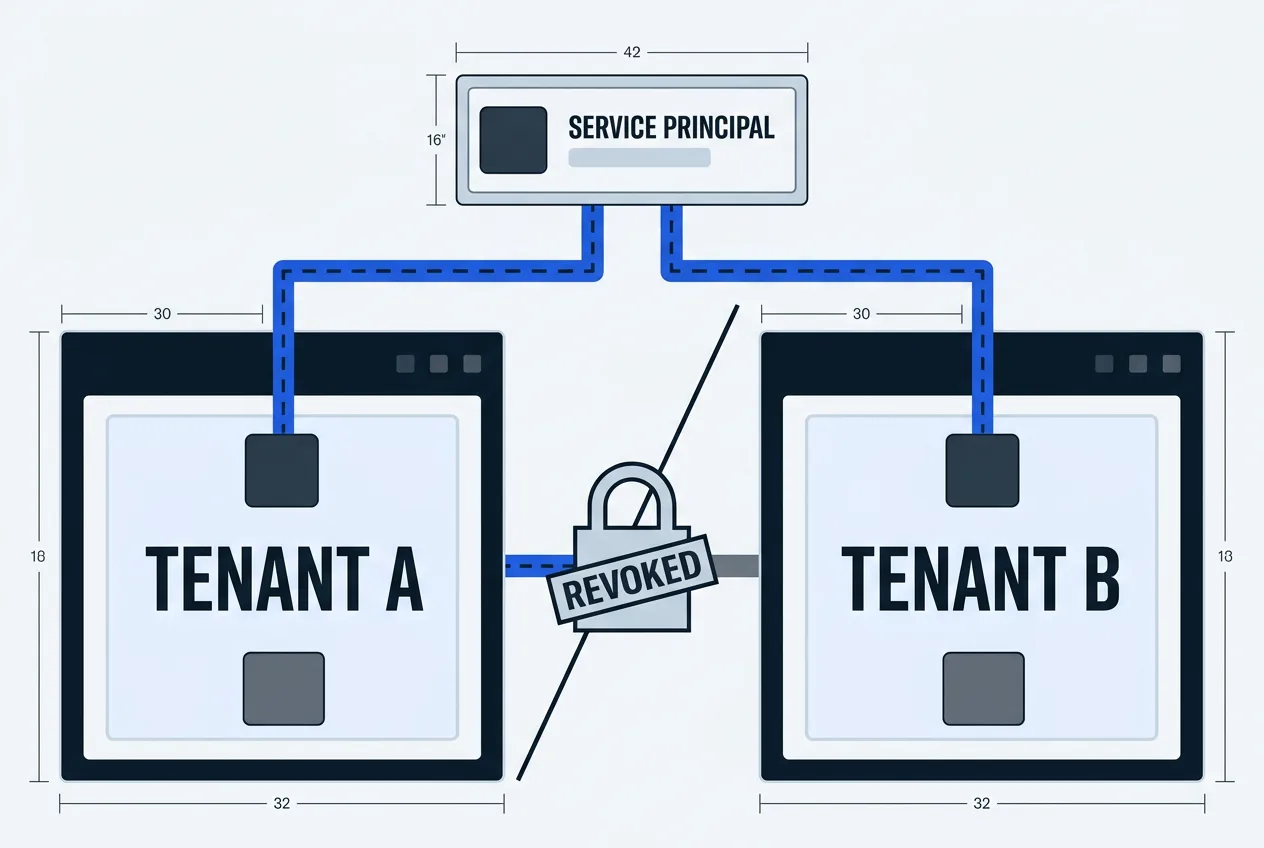 Diagram showing revocation of compromised third-party permissions across M365 tenants.