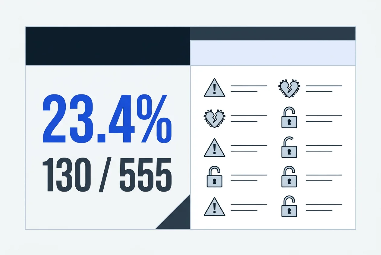Technical audit infographic displaying the 23.4 percent security deficiency rate among inspected firms.
