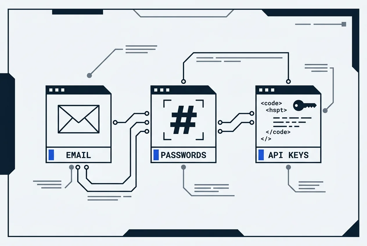 Security blueprint diagram illustrating exposed user credentials, form records, and API keys.