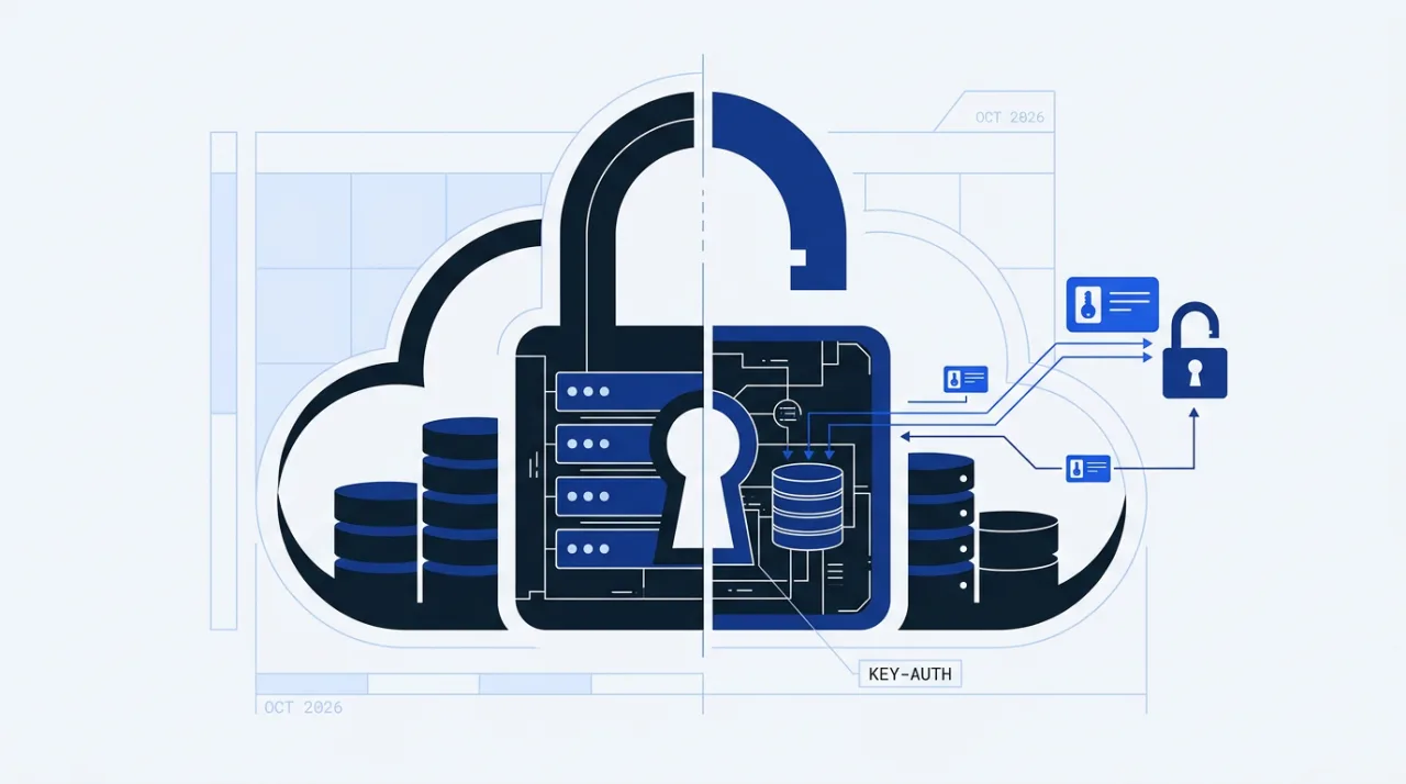 TiDB Cloud security review graphic showing compromised database credentials in flat blueprint style