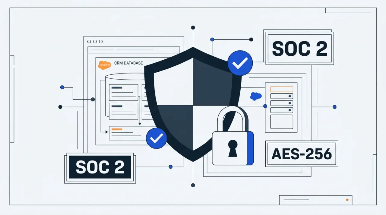HubSpot CRM enterprise security architecture blueprint featuring a digital shield and compliance badges.