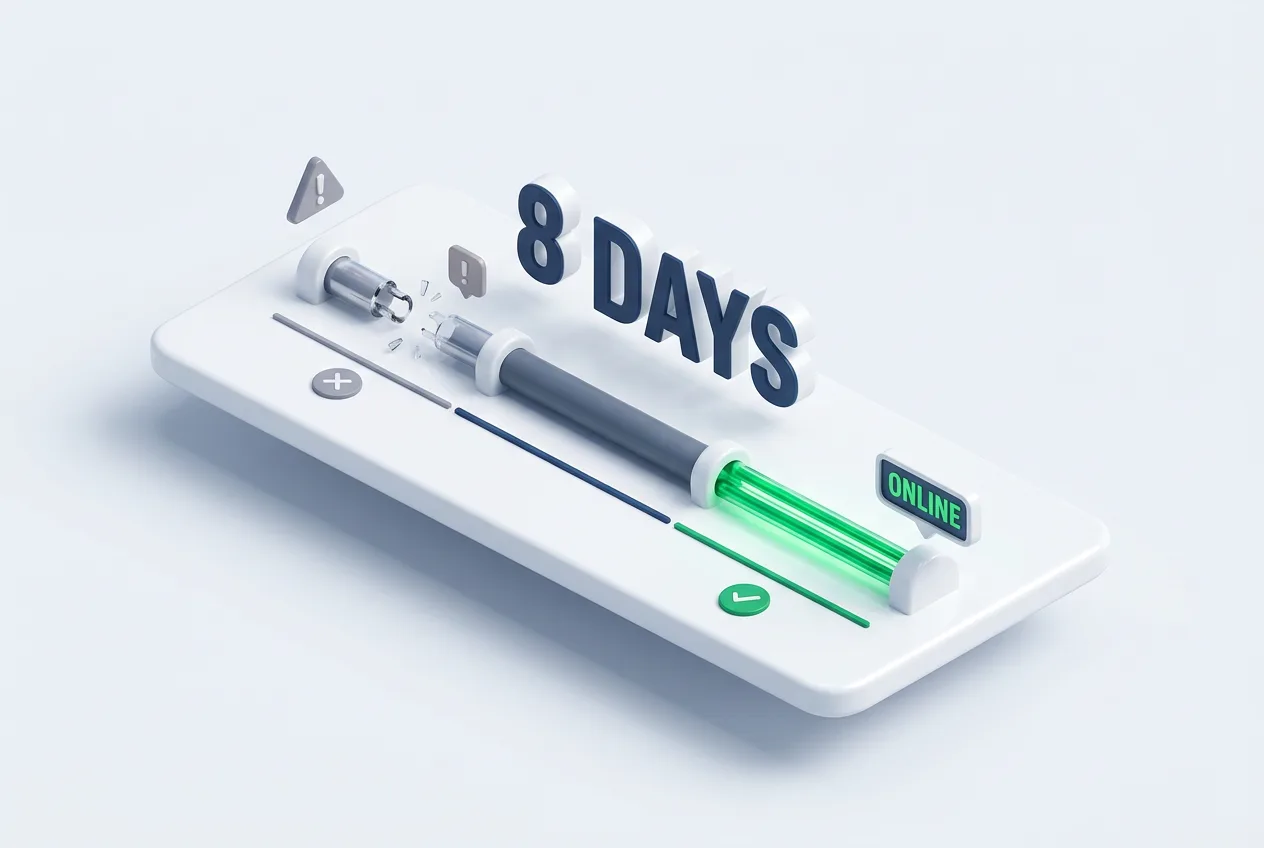3D isometric infographic illustrating an 8-day hosting downtime and service recovery timeline.