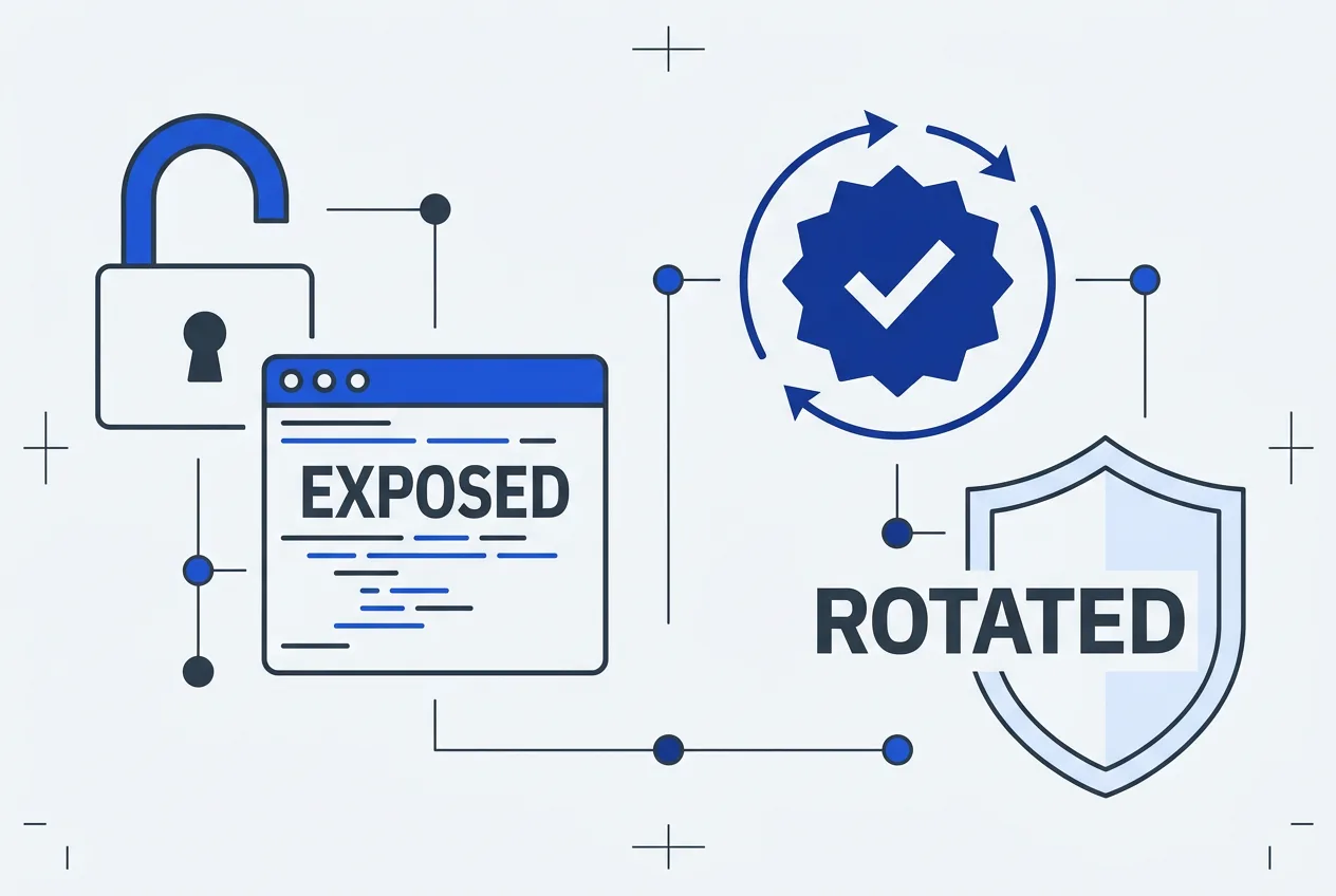 Vector blueprint infographic illustrating API key exposure risk and token rotation protocol.