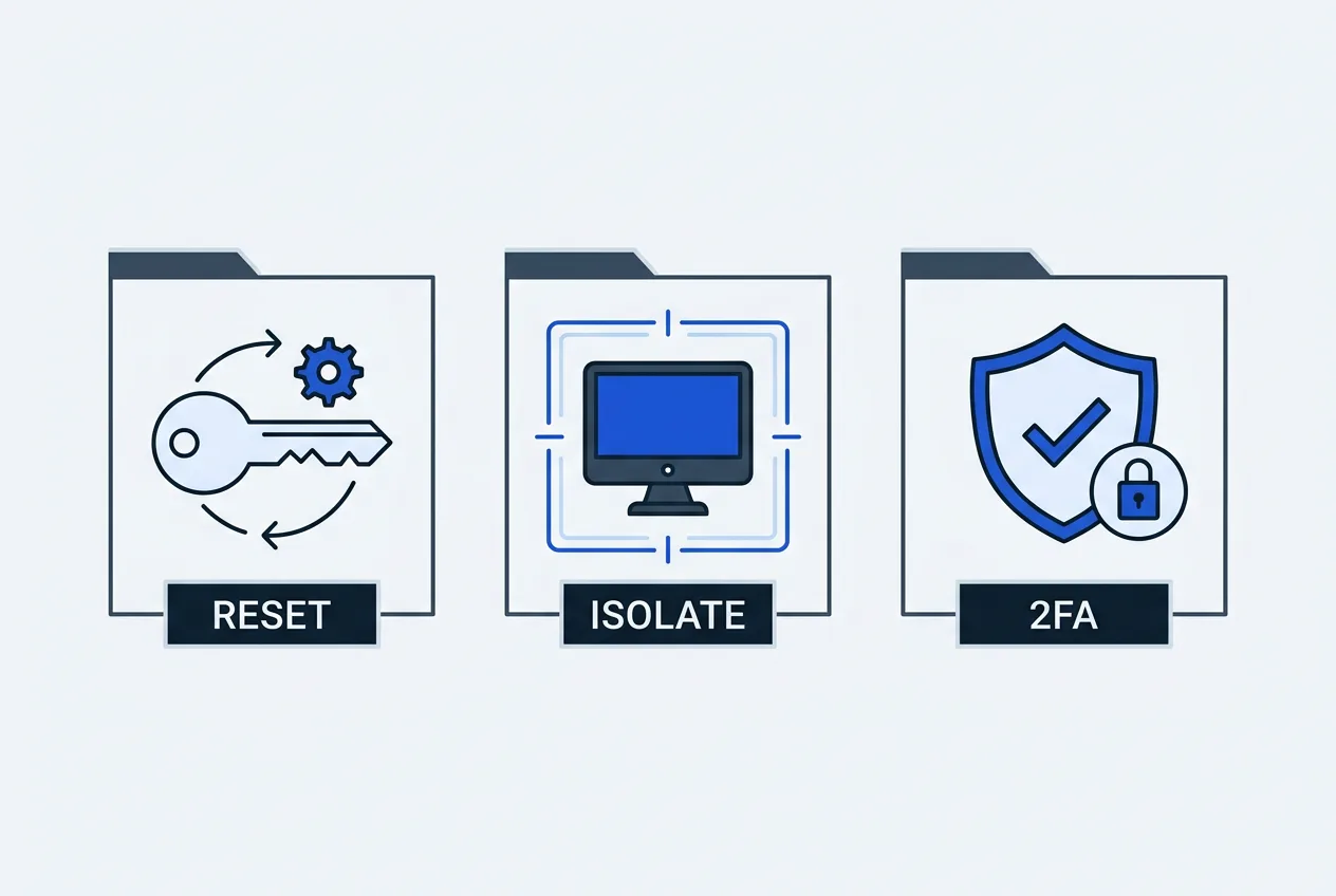 2D infographic showing practical security steps including credential reset and 2FA after Onamae incident.