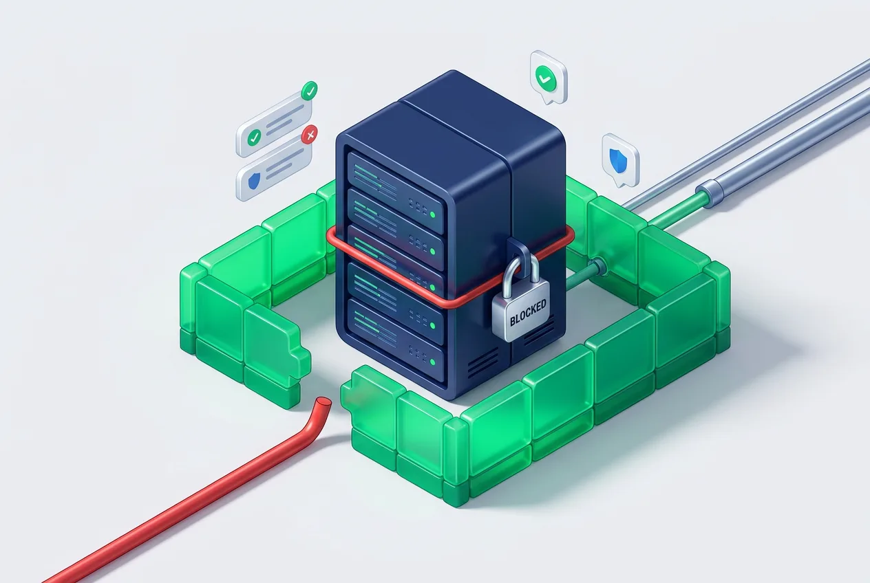 Isometric 3D graphic of server racks sealed by green security shields during banking incident containment.