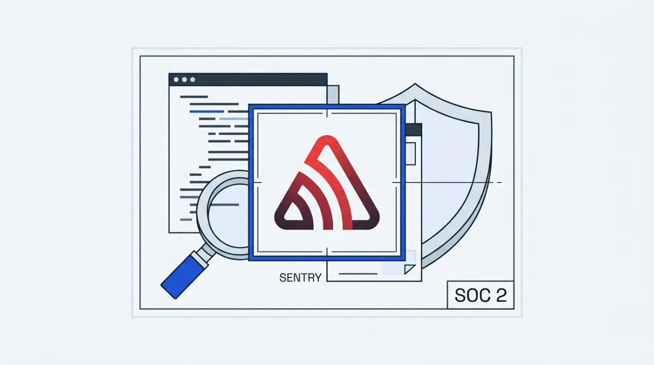Technical security blueprint illustration reviewing Sentry error monitoring and platform compliance standards.