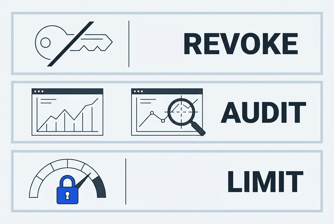 Technical 2D security infographic illustrating API key revocation, usage auditing, and spend limits.