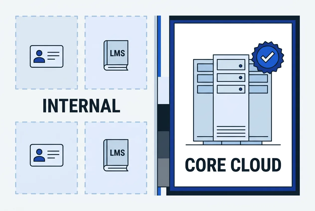 Comparative technical blueprint showing affected Genesys internal systems versus unaffected core cloud.