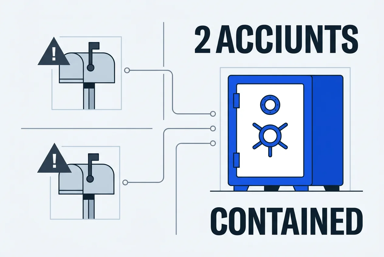Technical 2D schematic diagram contrasting contained employee email breach with secure database systems