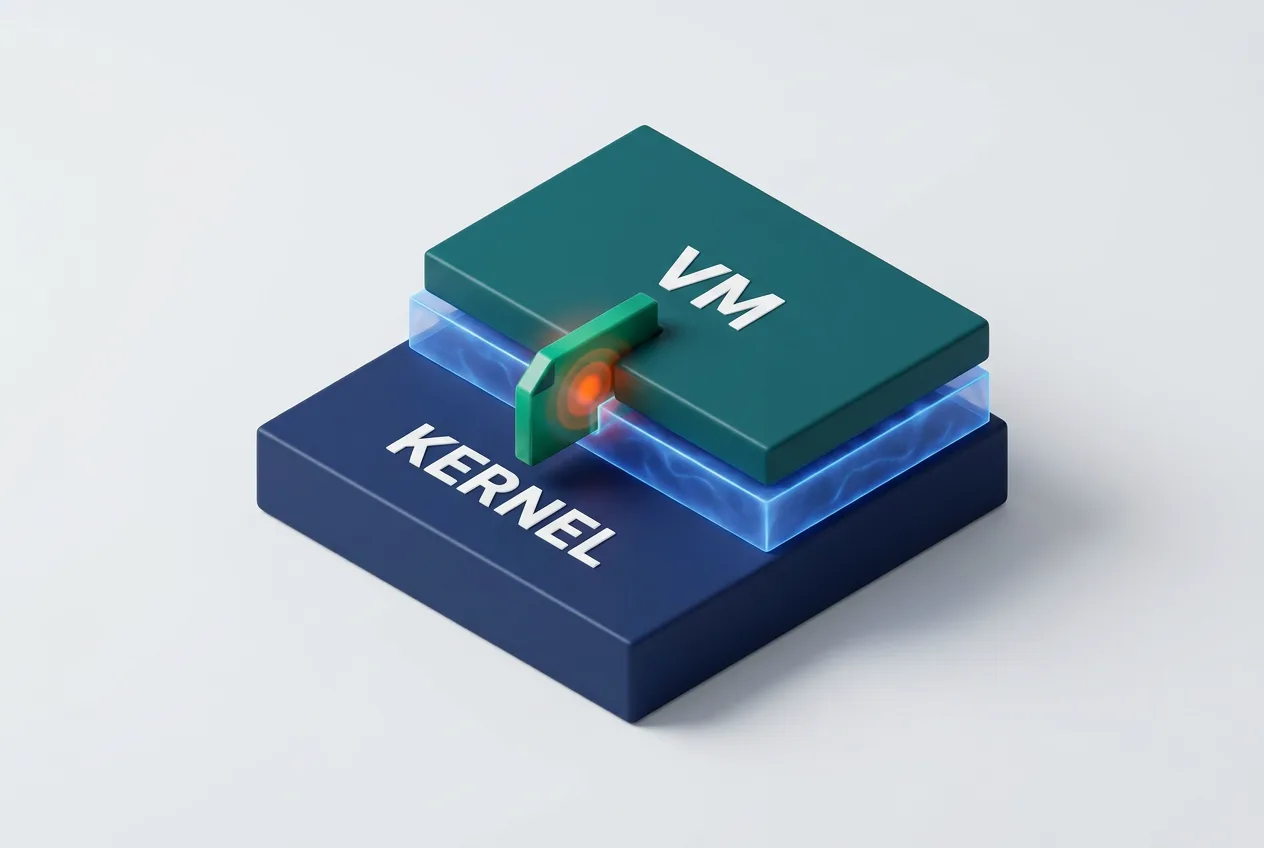 3D isometric diagram illustrating network packet isolation between a virtual machine and the host kernel.