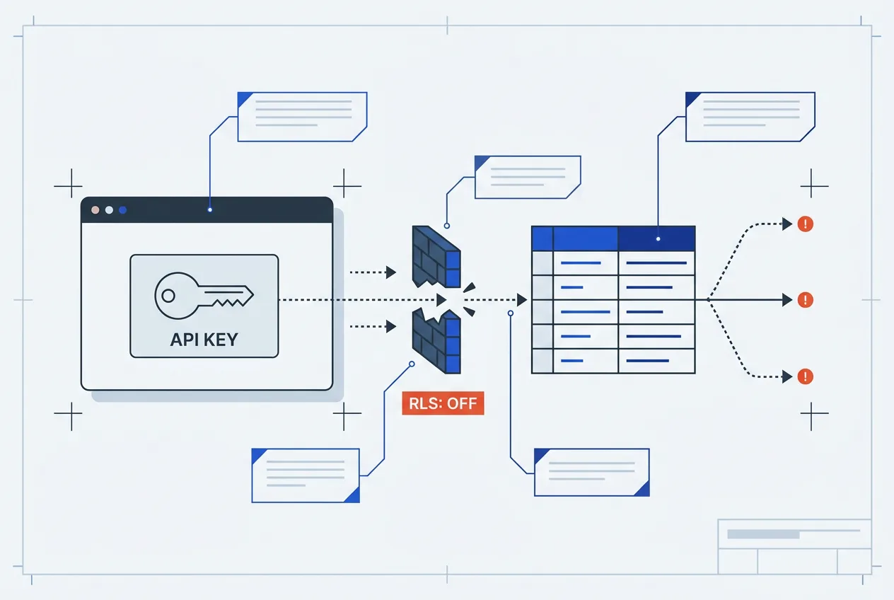 Cybersecurity infographic diagram illustrating disabled Row Level Security RLS allowing data leakage via API keys.