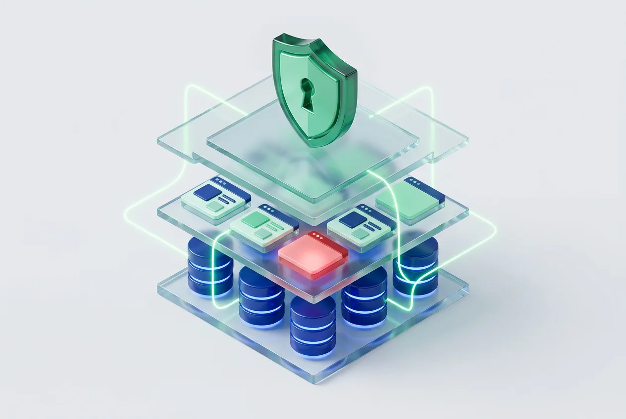 3D isometric layered diagram showing CMS hosting tiers, database storage, and security quarantine.