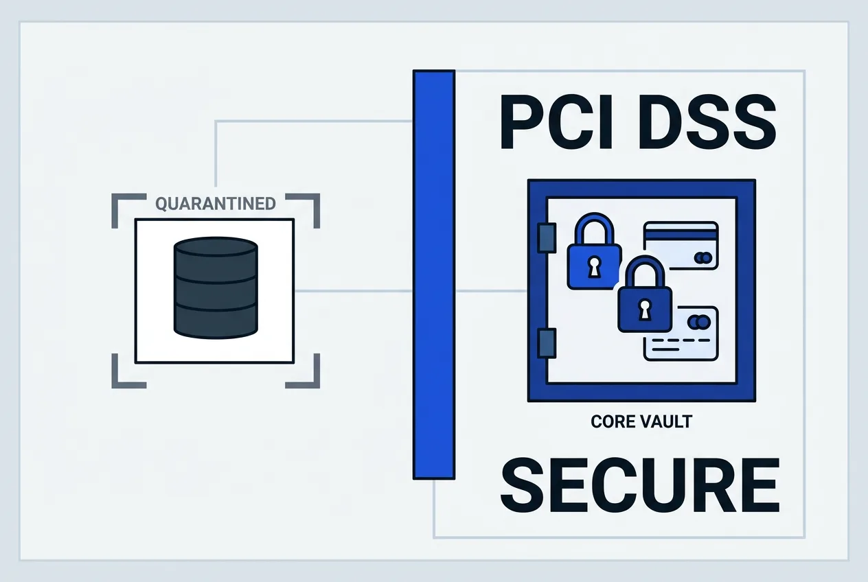 Flat vector security diagram illustrating isolated analytics data separated from secured payment infrastructure.