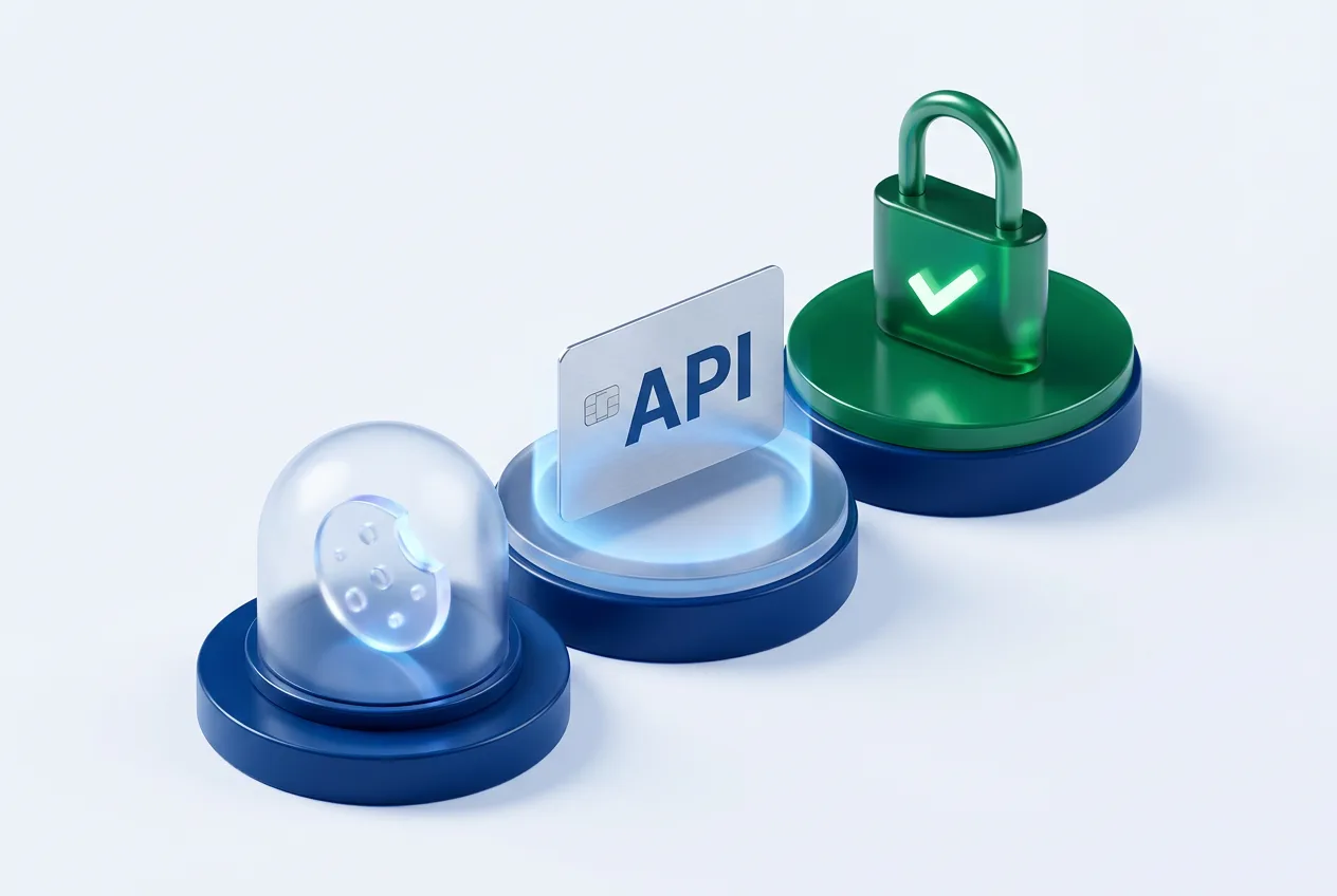 Isometric 3D render showing an API keycard, session token, and a glowing green padlock for account security.