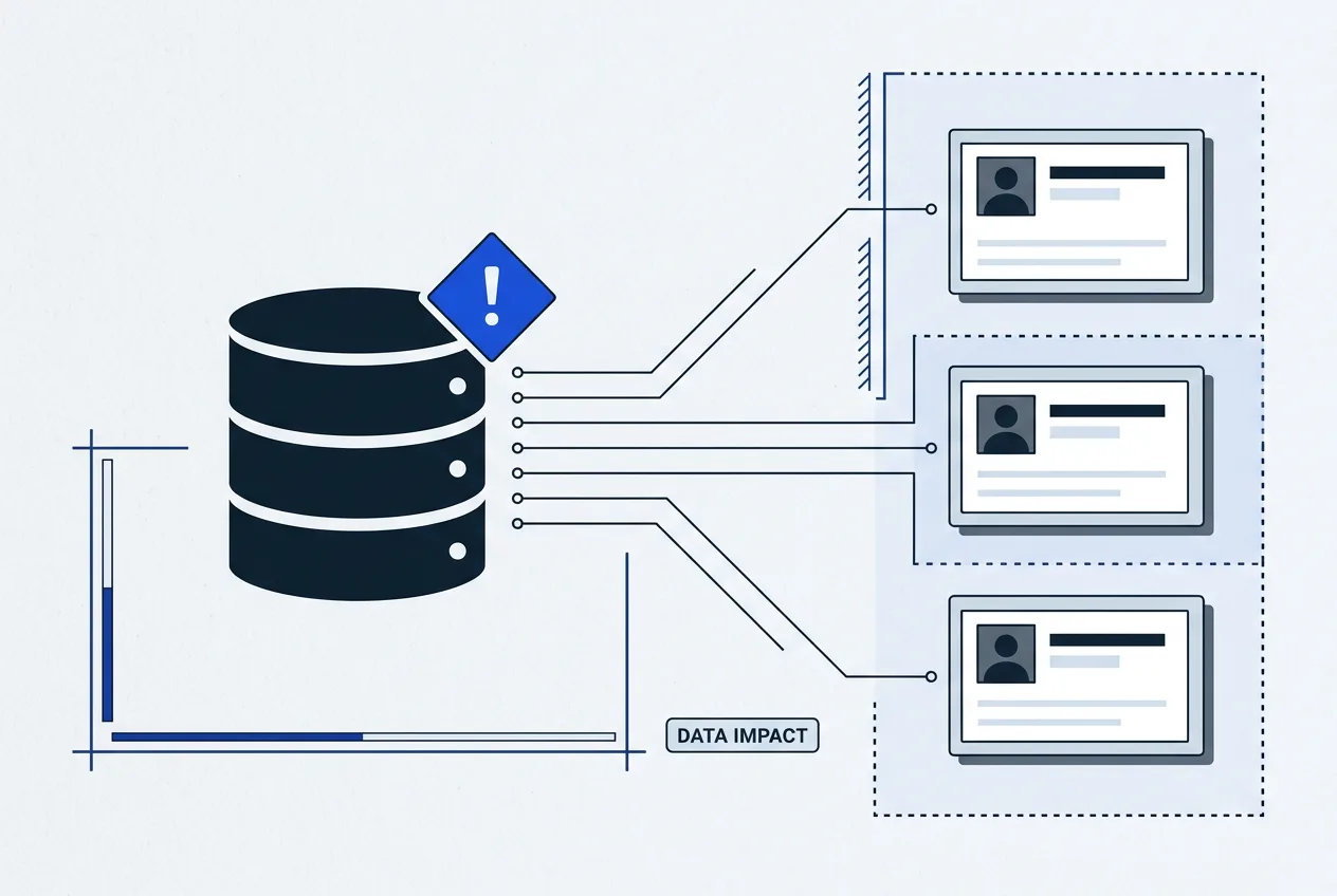 Editorial vector infographic diagramming cloud data exposure scope and affected organizational records.