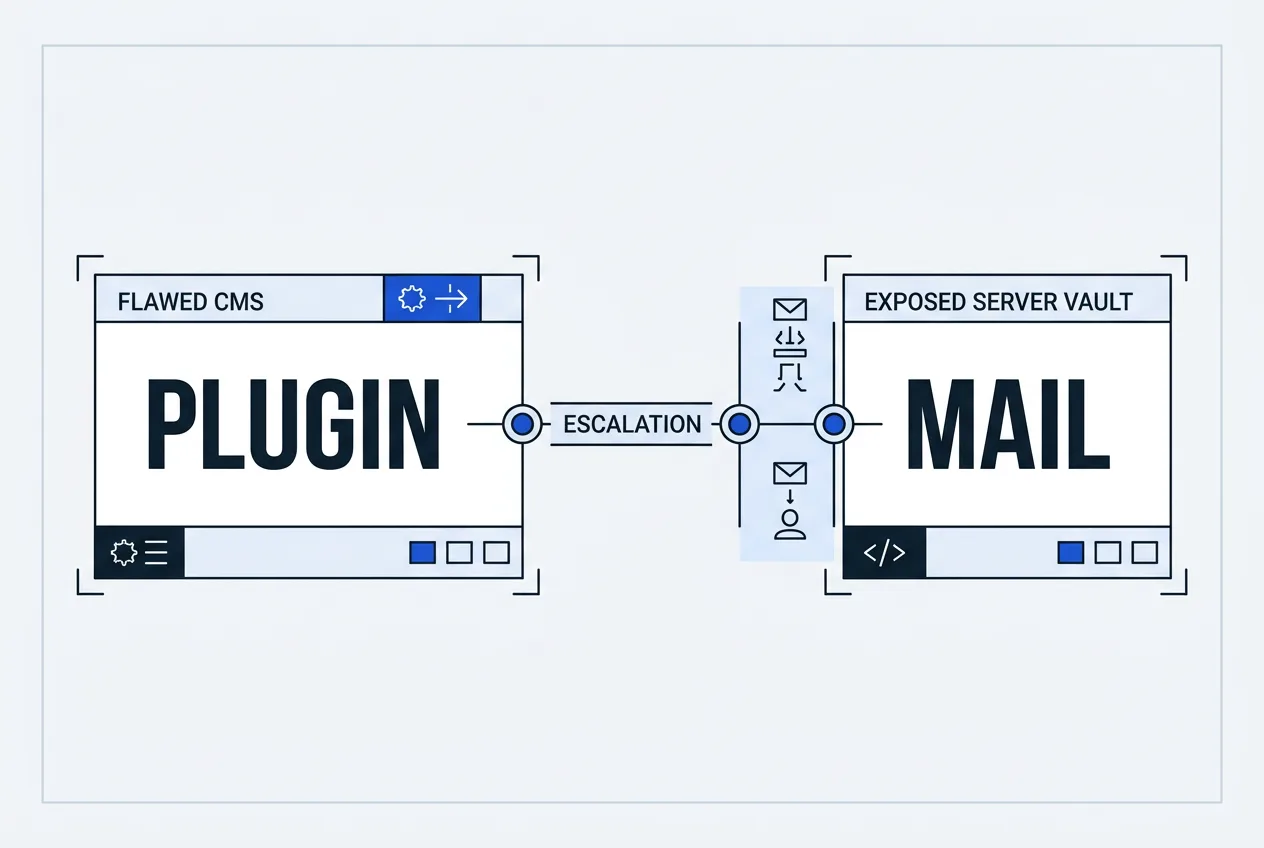 Technical diagram showing the escalation path from an unpatched CMS plugin to compromised mail servers.
