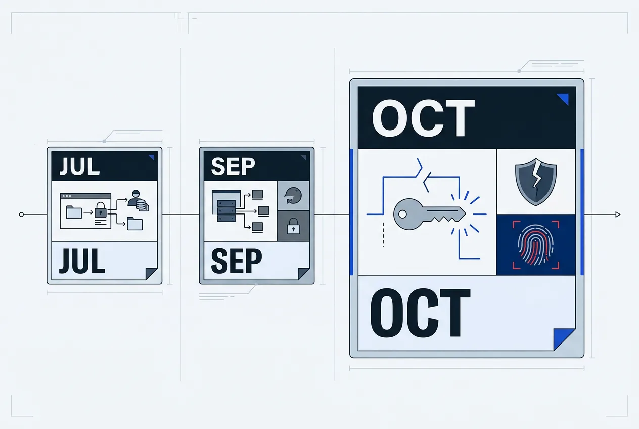 Timeline infographic showing three consecutive data breach incidents across July, September, and October.