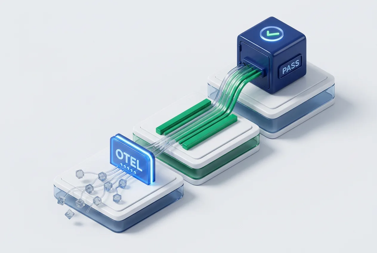 Isometric 3D infographic depicting standardized telemetry pipelines and security validation for AI agents.