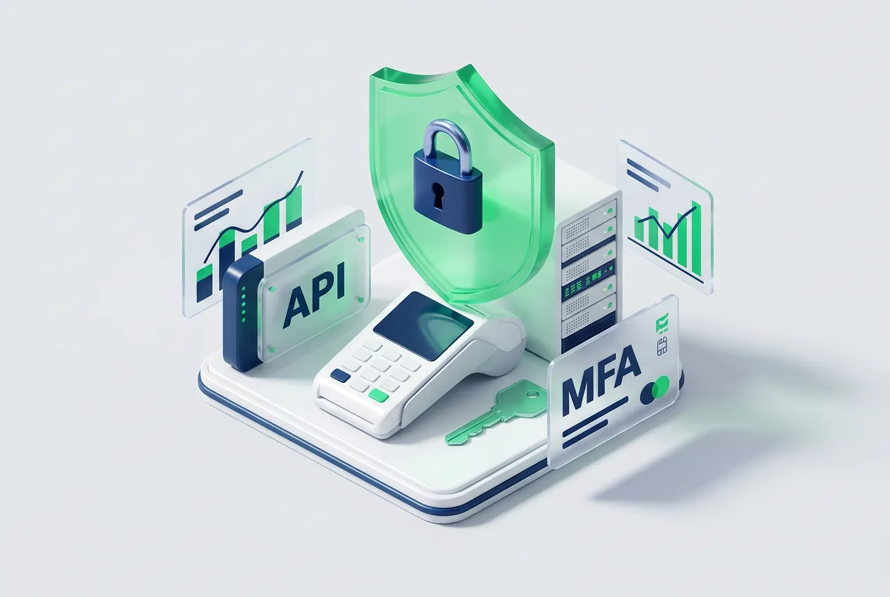 3D isometric graphic of a payment terminal fortified by a green security shield and MFA padlock.