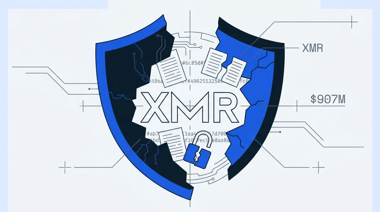 Fractured security shield and Monero icon illustrating the Wagyu swap privacy data leak topic.
