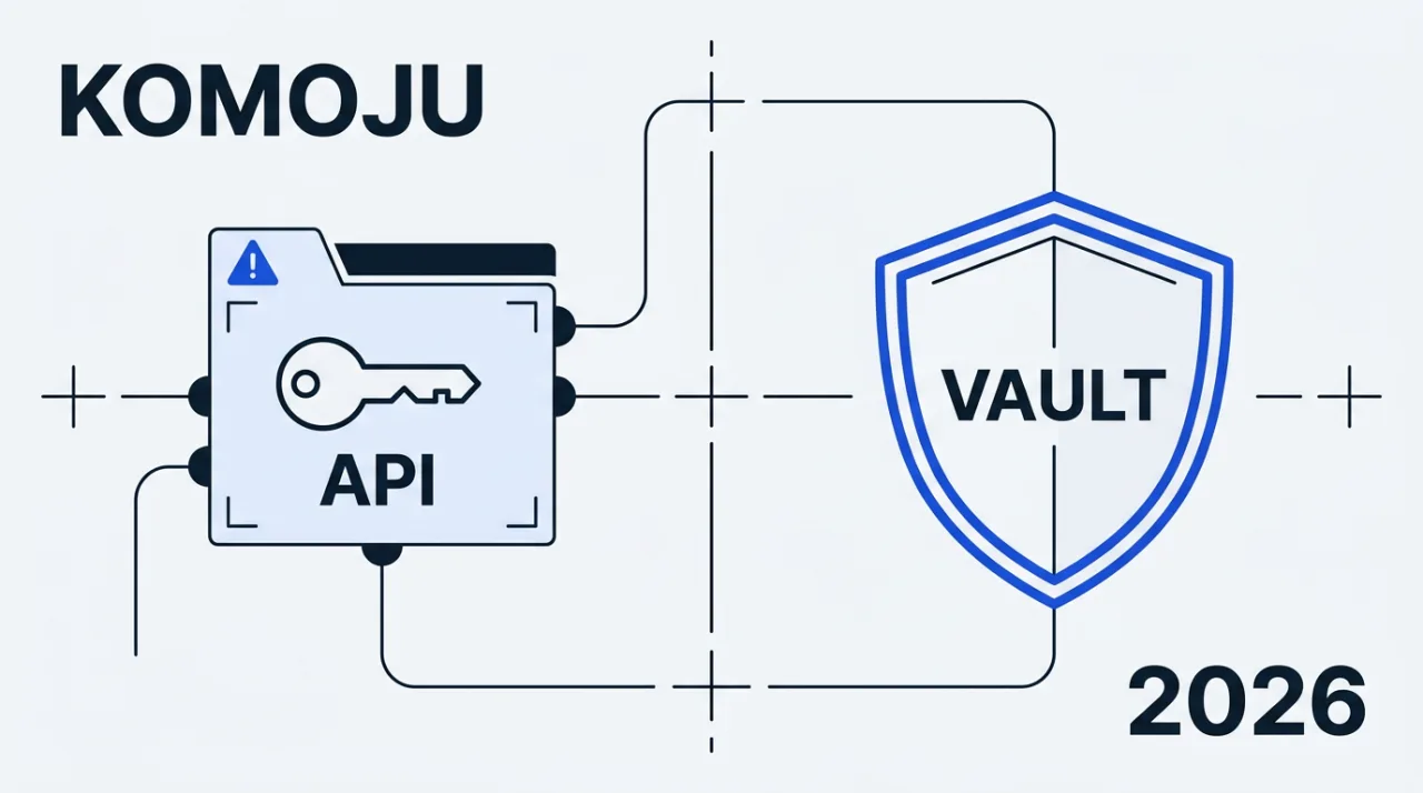 KOMOJU security review illustration showing exposed API credentials separated from secure card vault.
