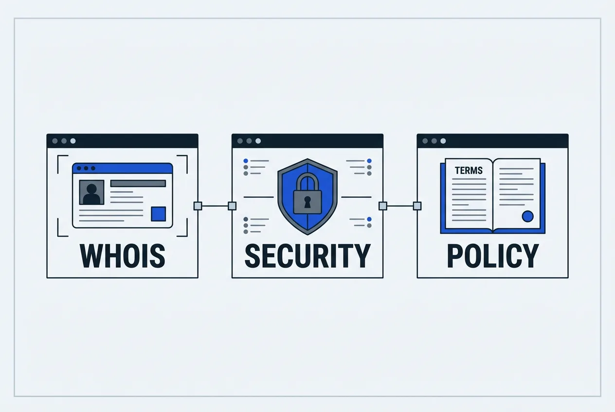 Technical vector diagram illustrating three steps to verify online services using WHOIS and privacy checks.