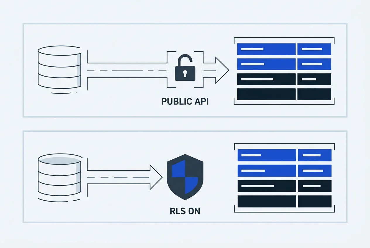 Infographic diagram of Supabase Row Level Security showing secured versus open API data access.