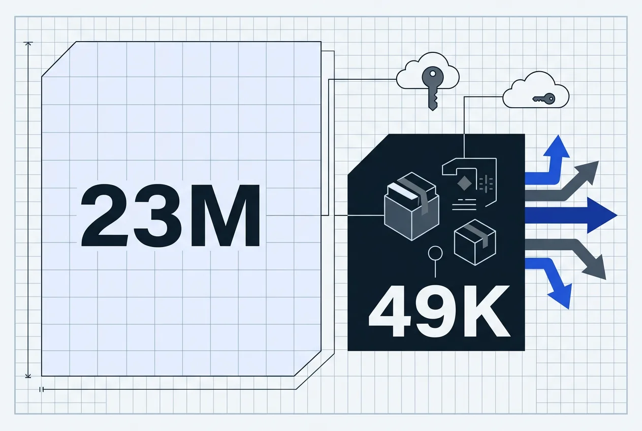 Editorial infographic comparing LiteLLM 23M weekly downloads against 49K compromised malicious package downloads.
