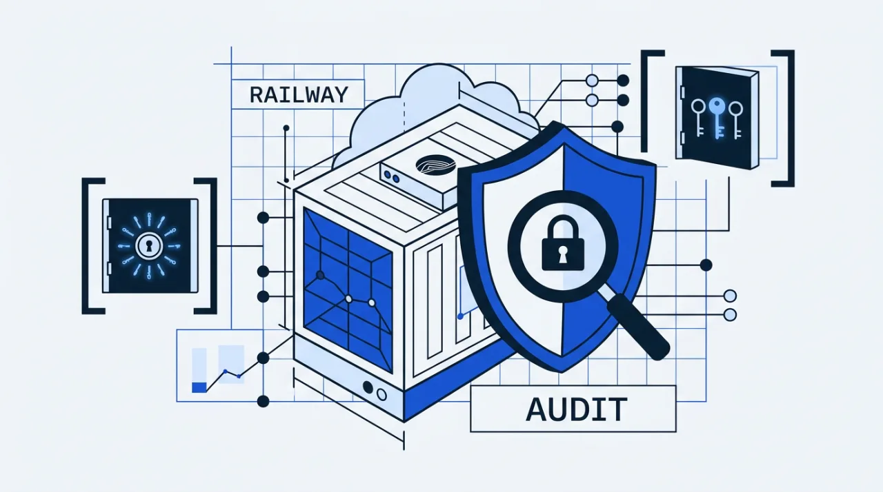 Editorial illustration of a Railway security blueprint featuring a technical shield and audit elements.