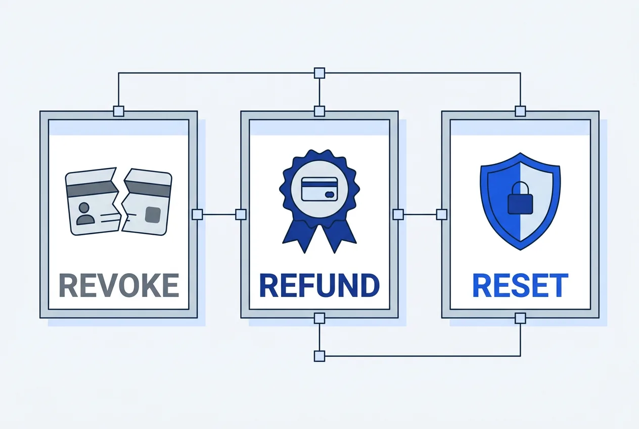 Three-step diagram showing API key revocation, credit refund, and credential reset workflow.