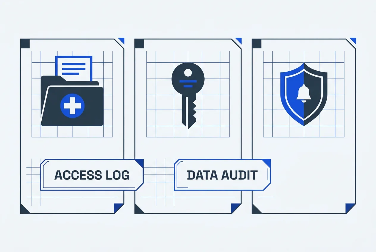 Editorial vector diagram showing patient record access audit steps and cybersecurity safeguards.