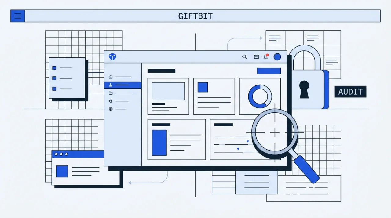 Giftbit security review illustration with technical dashboard interface and diagnostic audit icons.